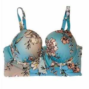 Torrid Bikini Swim Top Size 0 DD/ D Floral Push-up Underwire Retro Pin Up Blue